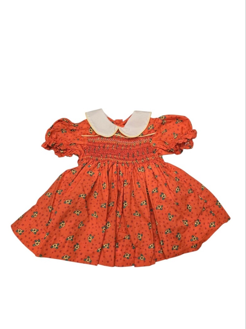 Vintage Orange Floral Smocked Dress with Peter Pan Collar